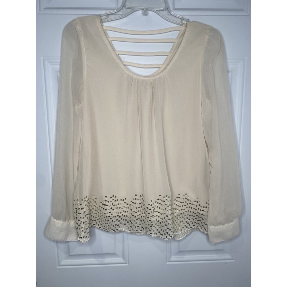 Charming Charlie Women's Medium Ivory Sheer Blouse Gold Sequin Detailing